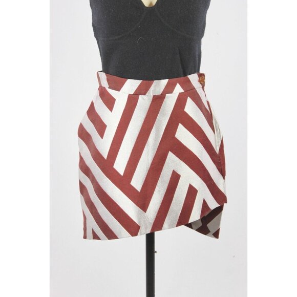 VIVIENNE WESTWOOD Maroon Silver Striped Jacquard Asymmetrical Mini Skirt, Size 6 - Picture 2 of 16